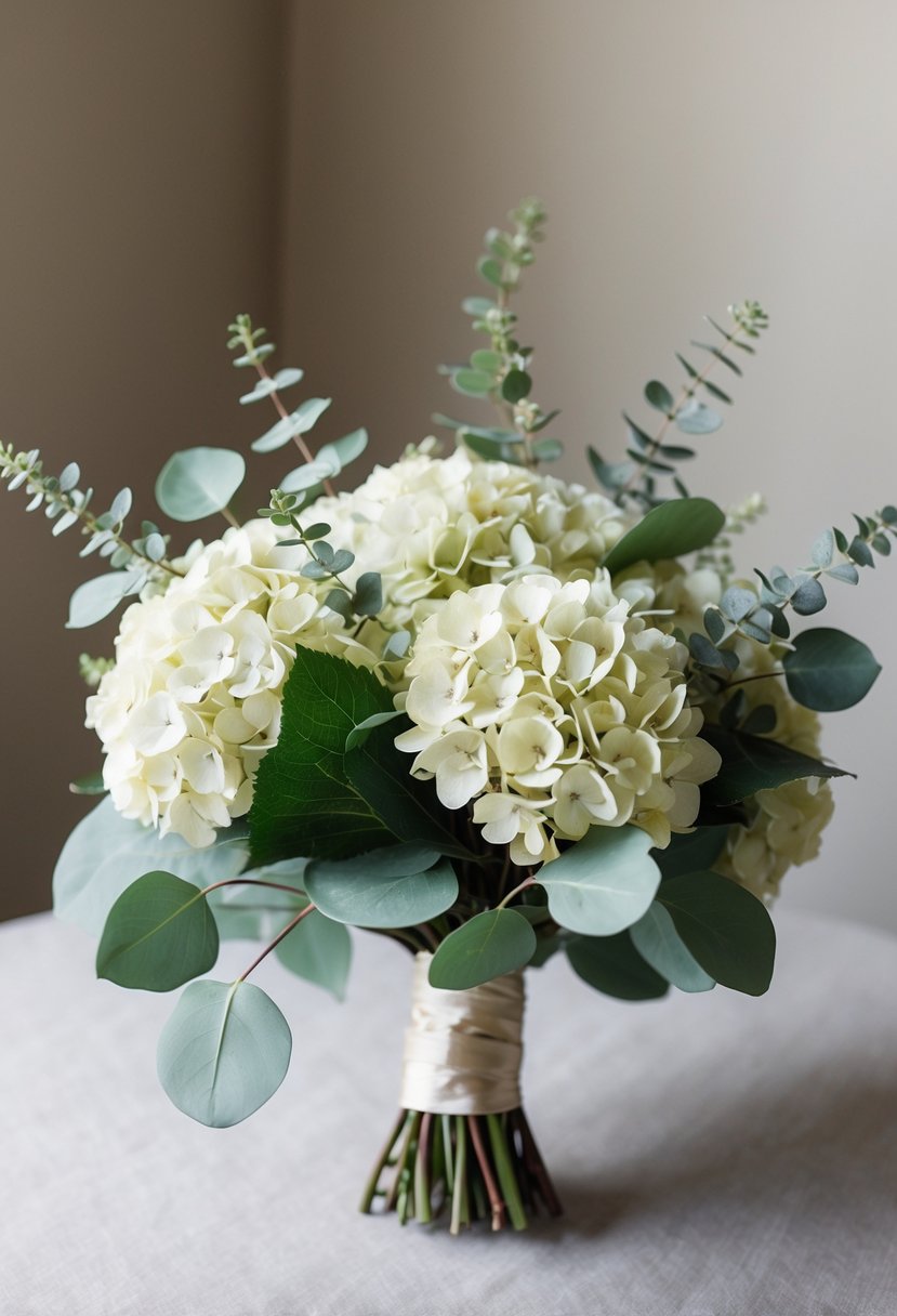 A vintage-inspired wedding bouquet featuring delicate hydrangea and eucalyptus leaves, arranged in a loose, romantic style