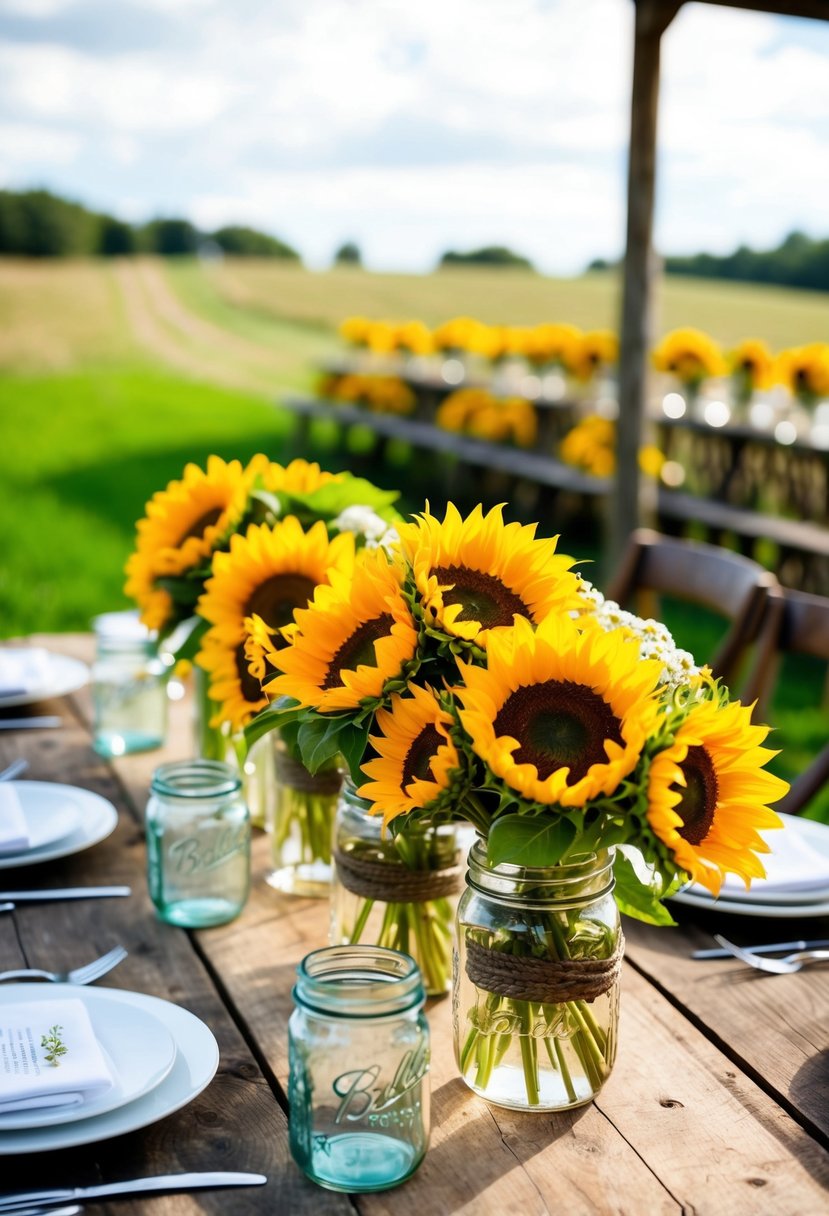 A rustic wooden table adorned with sunflower bouquets and mason jar centerpieces at a countryside wedding