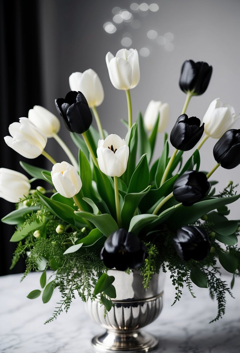 A monochrome tulip bouquet with delicate white and black blooms, accented with lush greenery, arranged in a silver vase