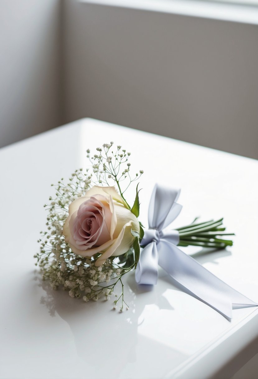 A small bouquet of a single rose and sprigs of baby's breath, tied with a simple ribbon, resting on a clean, white surface