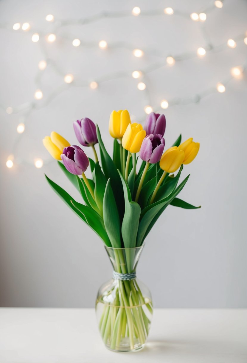 A small bouquet of tulips and greenery arranged in a simple, modern style