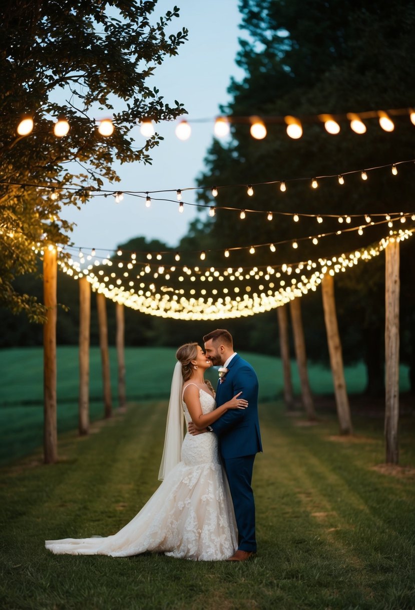 A rustic outdoor wedding with string lights illuminating the countryside setting