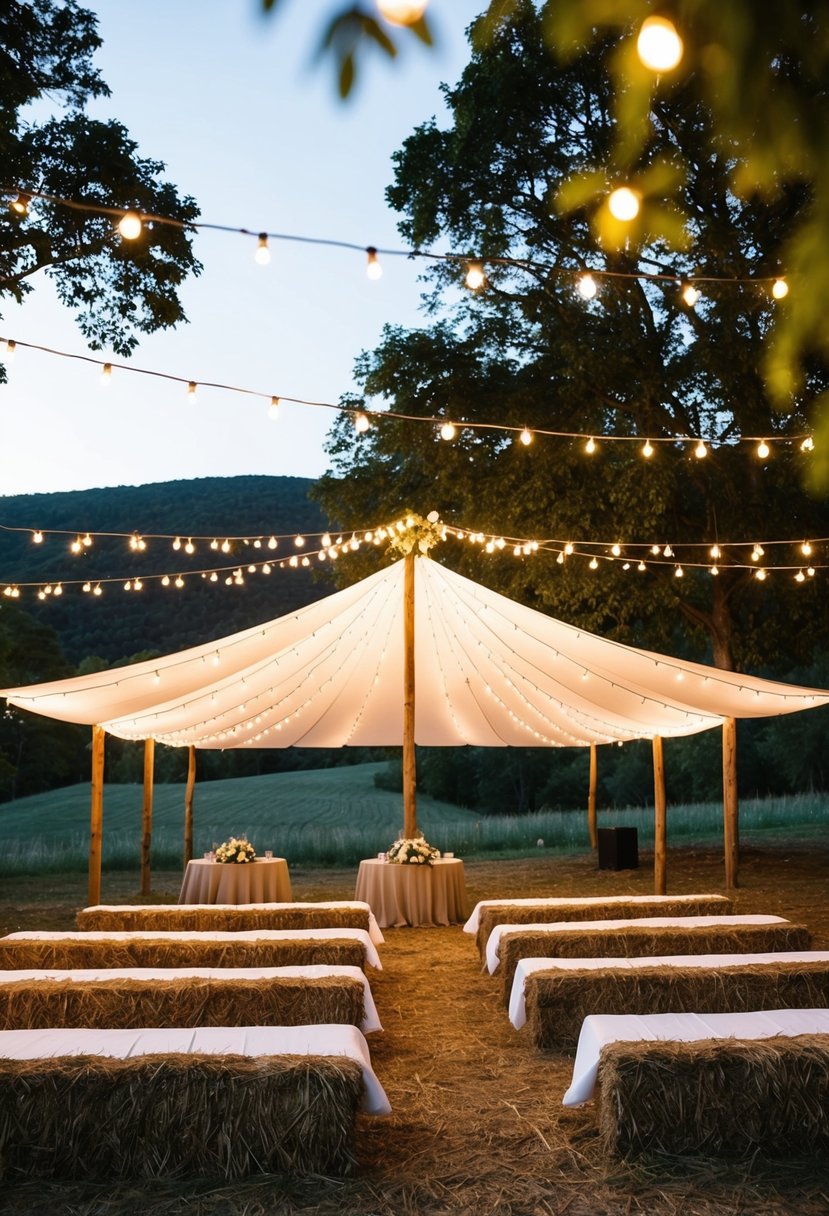 A rustic outdoor wedding with hay bale seating under a canopy of twinkling lights and surrounded by rolling hills