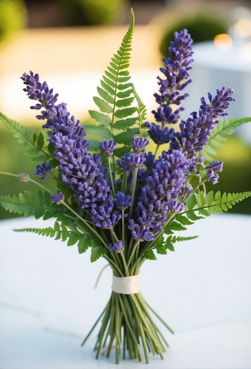 A small bouquet of lavender and fern arranged in a simple, elegant style