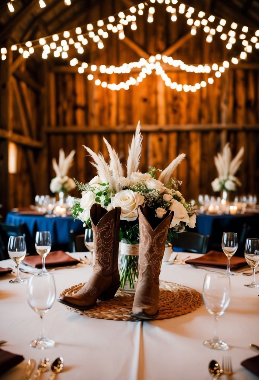 A rustic barn wedding with cowboy boot centerpieces and western-themed decor