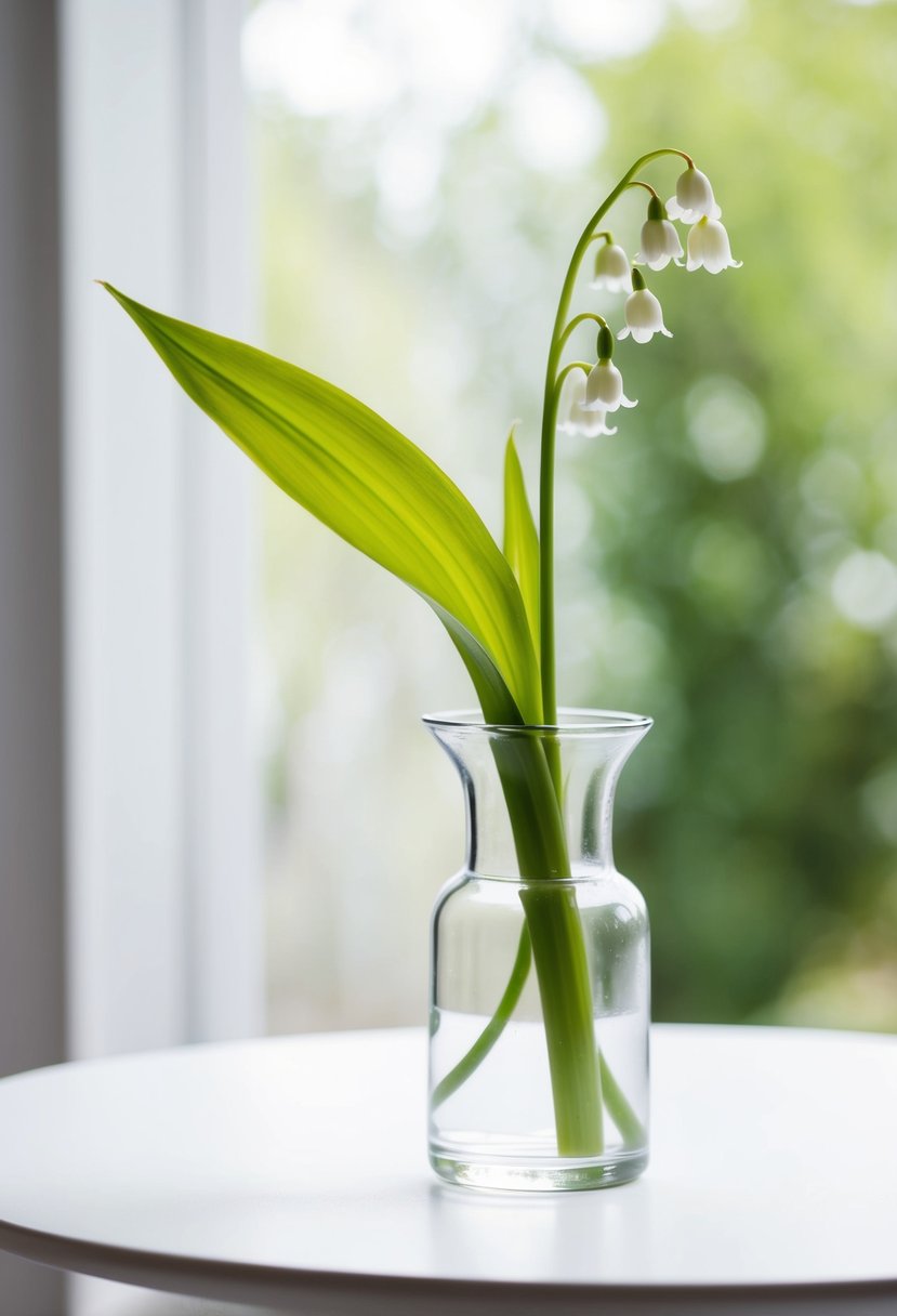 A single Lily of the Valley stem in a simple glass vase on a white table