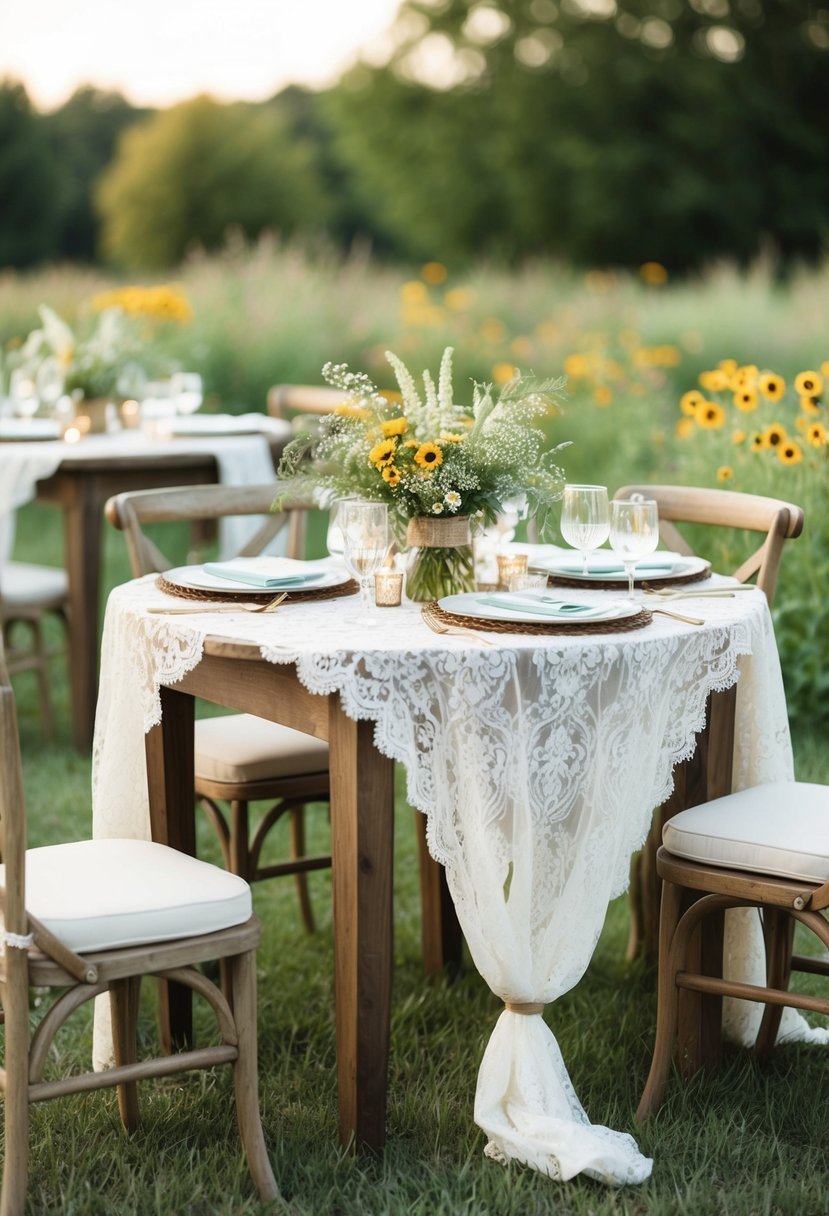 A rustic outdoor wedding with lace-draped tables, wildflowers, and vintage decor