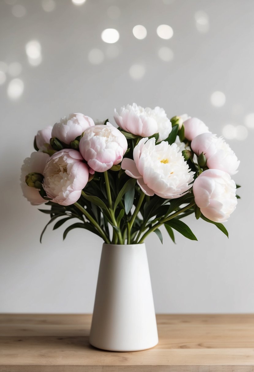 A simple, elegant bundle of peonies in a clean, modern vase