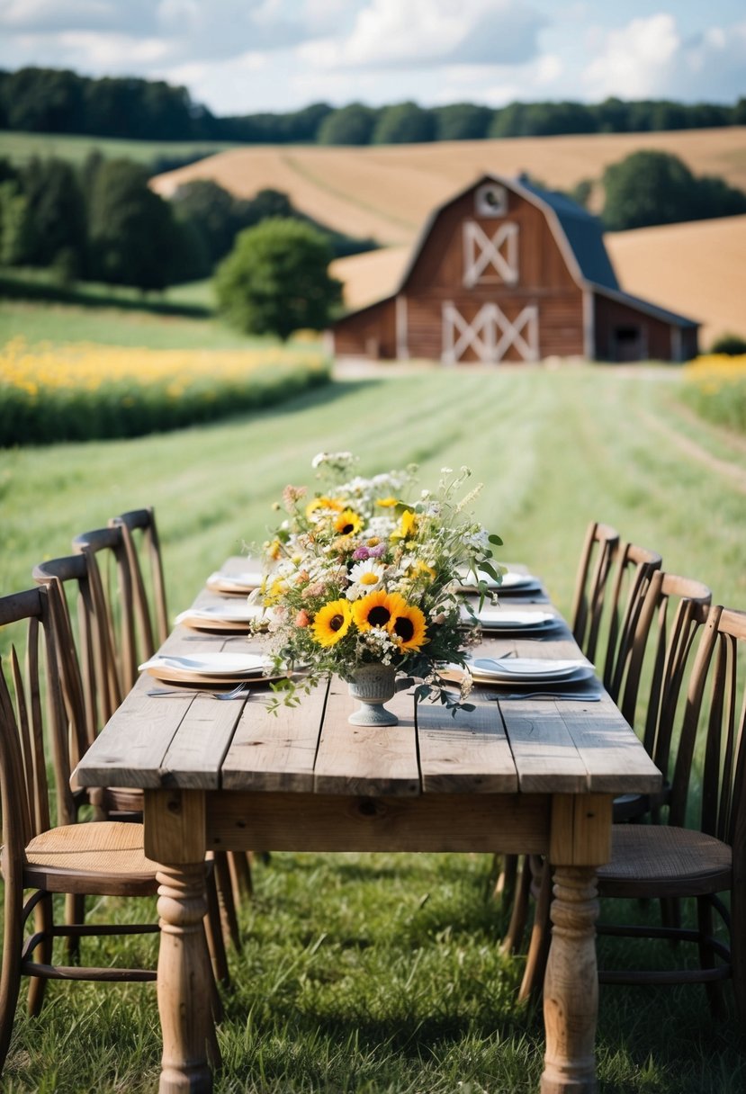 A rustic wooden table adorned with wildflower arrangements, set against a backdrop of rolling hills and a charming country barn