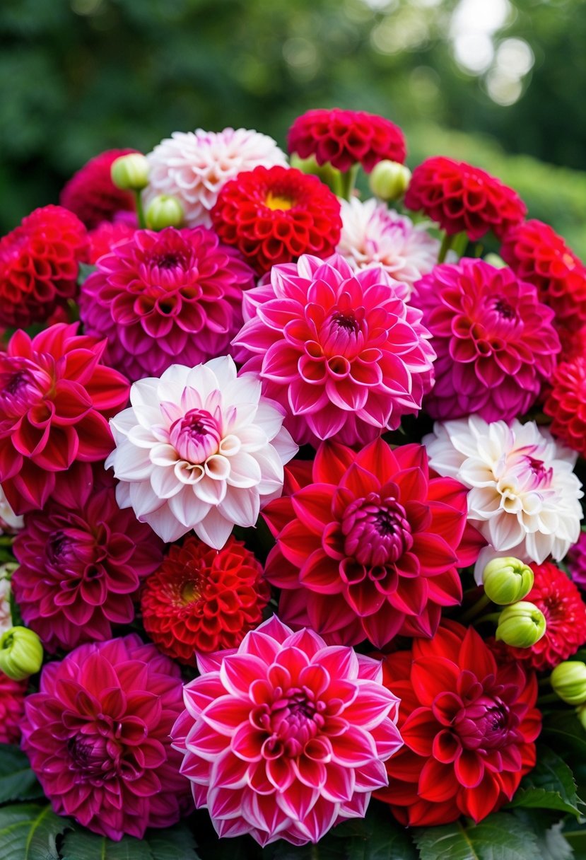 A vibrant array of bold dahlias arranged in a wedding bouquet