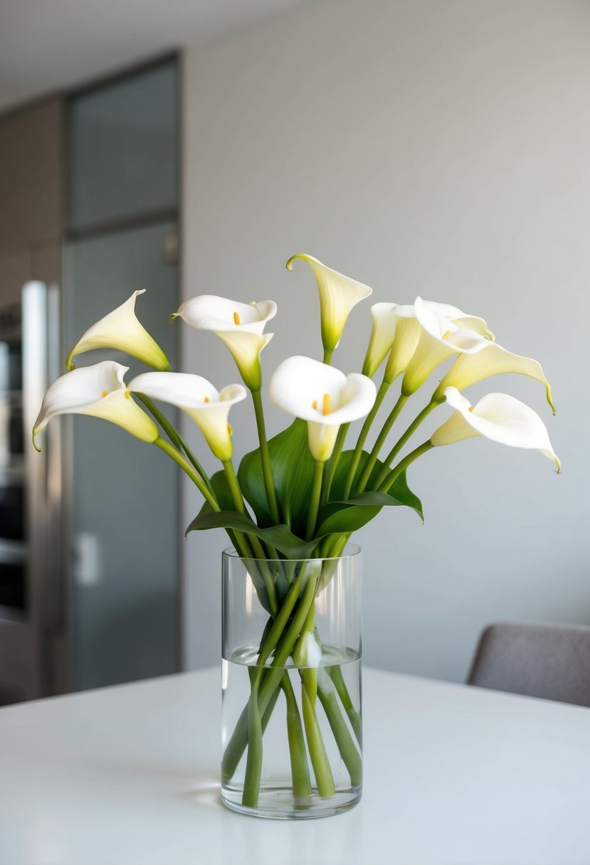 A simple, elegant bouquet of white calla lilies in a modern, minimalist setting