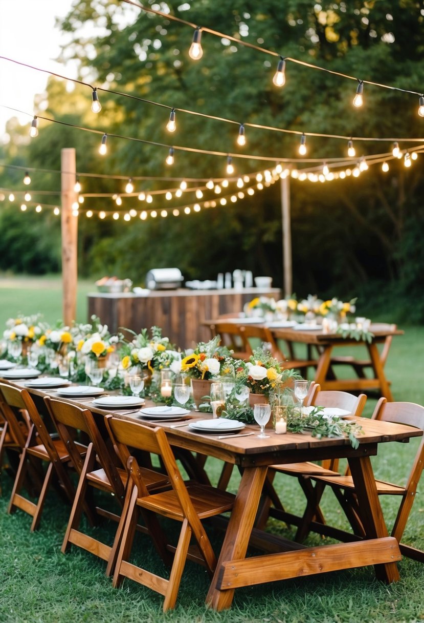 A rustic outdoor wedding reception with barbecue catering, wooden tables, string lights, and a country backdrop