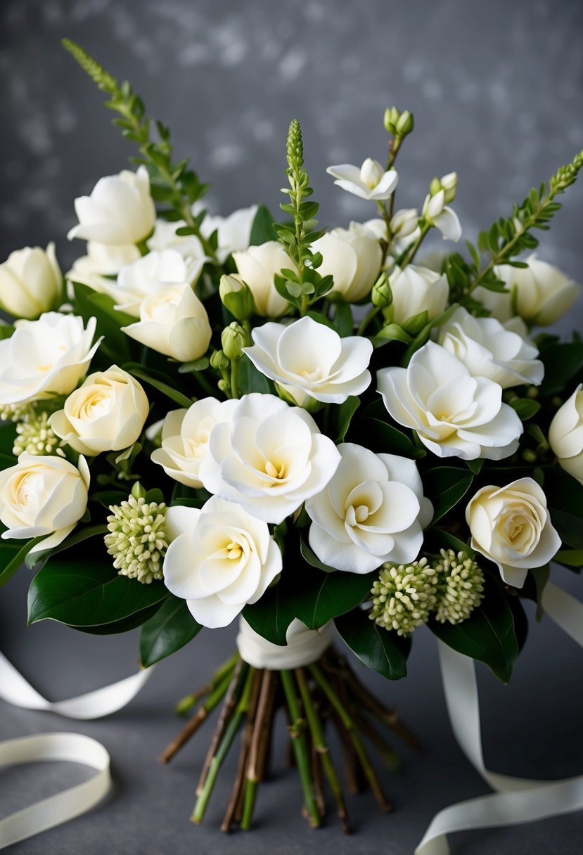 A bouquet of gardenias and jasmine, arranged in an elegant and romantic manner, with delicate greenery and ribbon accents