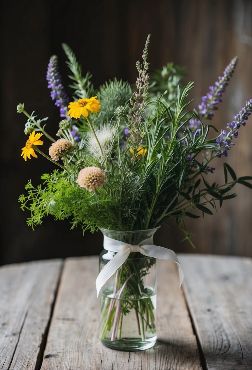 A delicate arrangement of wildflowers and herbs, tied with a simple ribbon, sits in a glass vase on a rustic wooden table