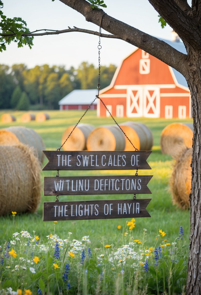 A rustic wooden sign hanging from a tree, surrounded by wildflowers and bales of hay, with a picturesque barn in the background