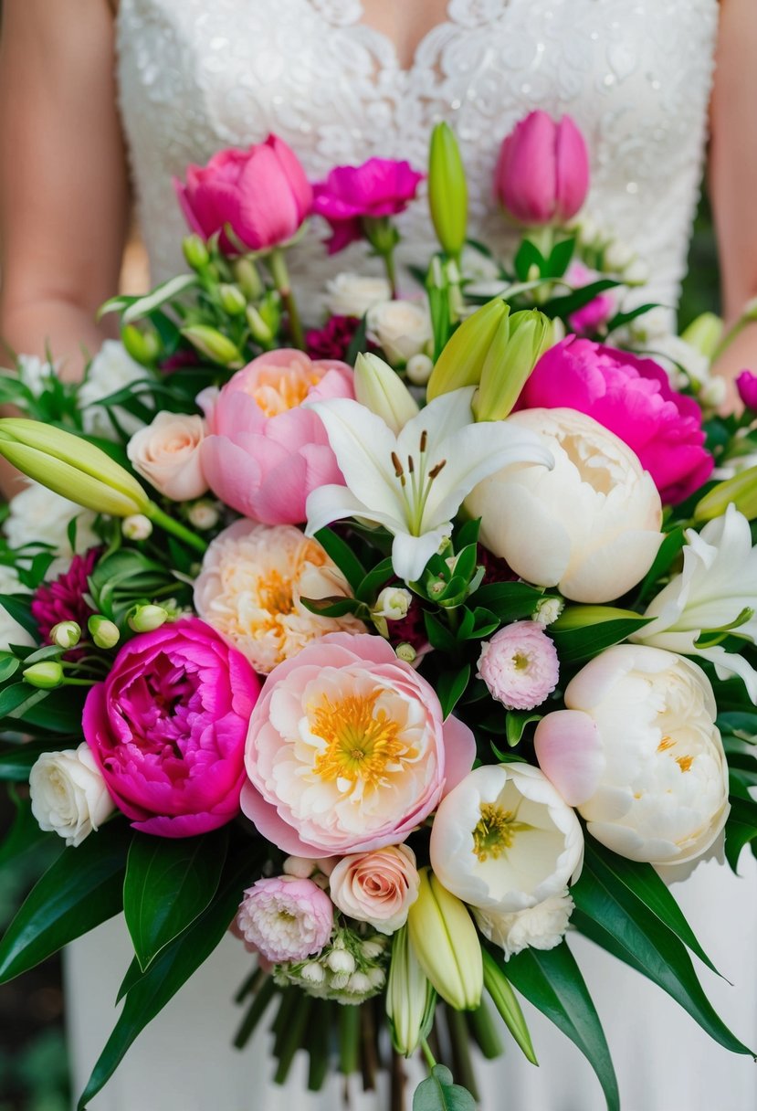 A vibrant mix of spring blossoms in a bridal bouquet, including roses, peonies, and lilies, with pops of pink, white, and green