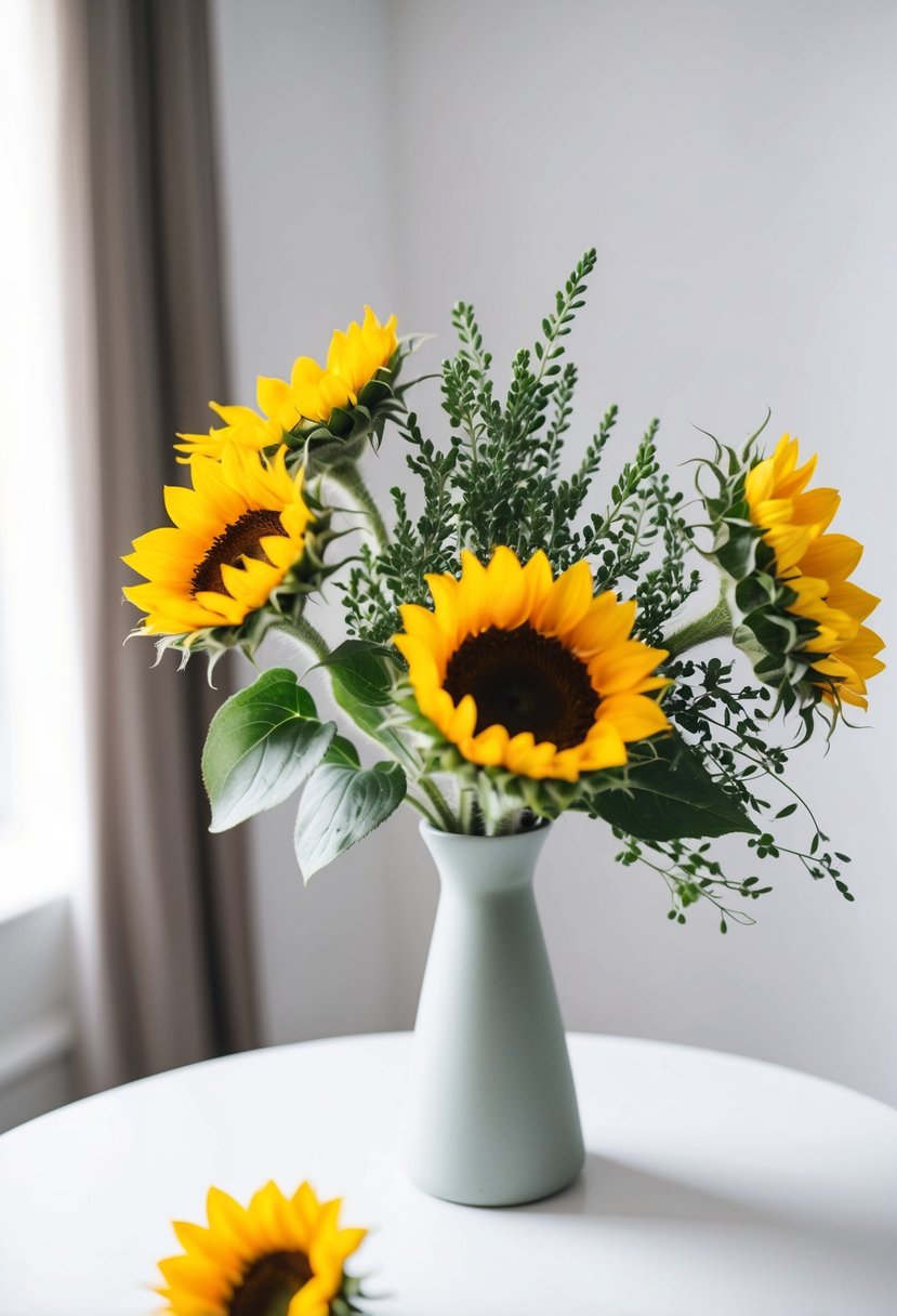 A small bouquet of sunflowers and greenery in a simple vase on a white table