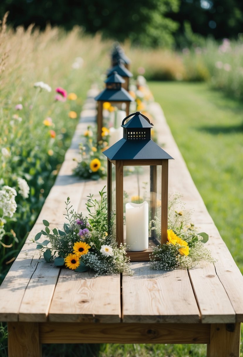 A wooden table adorned with rustic lanterns, surrounded by wildflowers and greenery, sets the scene for a charming country wedding