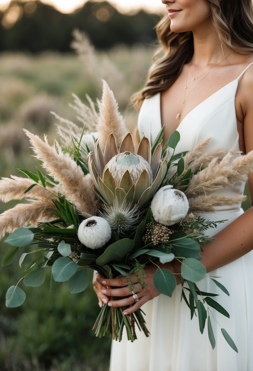 A rustic wedding bouquet featuring pampas grass and protea, with soft, earthy tones and textured greenery