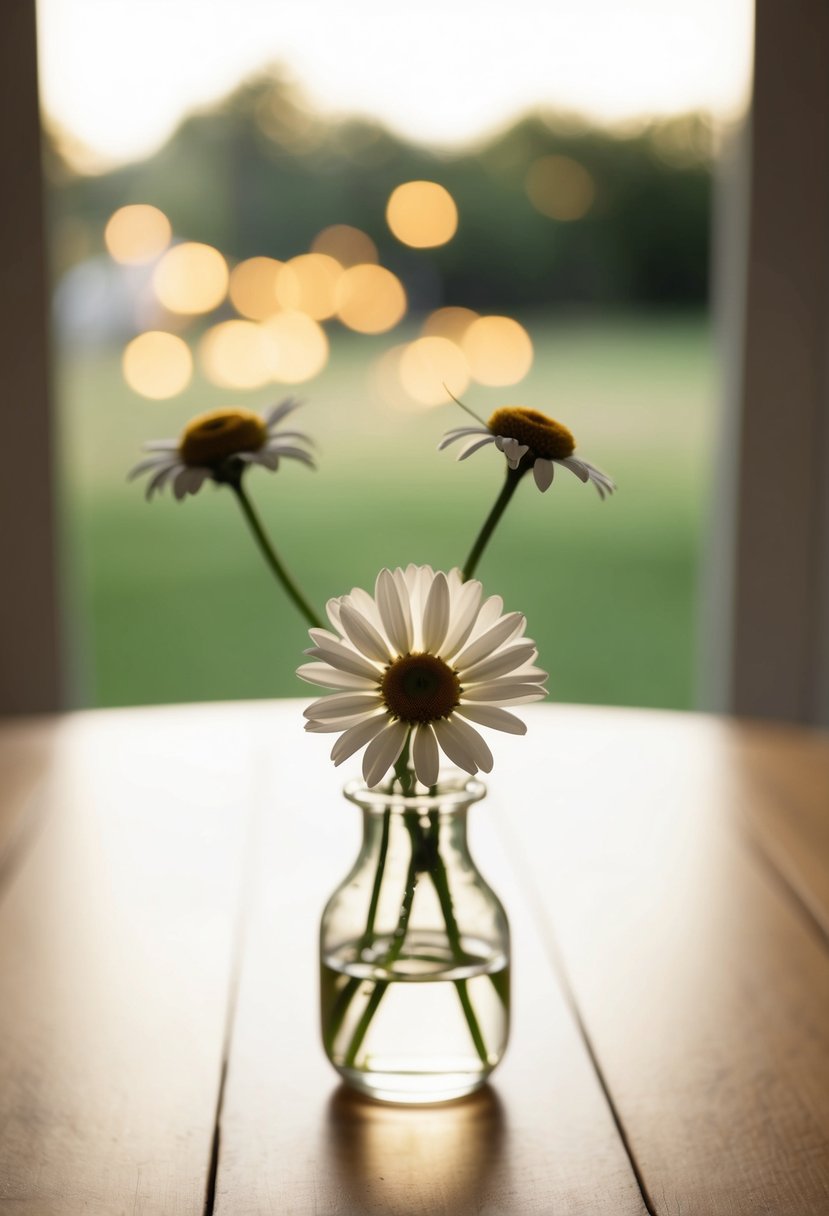 A single daisy sits in a small glass vase on a simple wooden table, surrounded by soft natural light