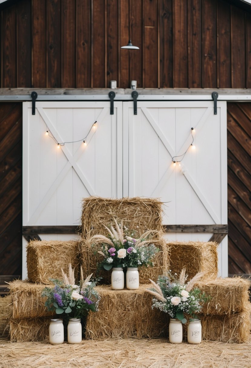 A rustic barn backdrop with bales of hay, mason jar lights, and wildflower bouquets