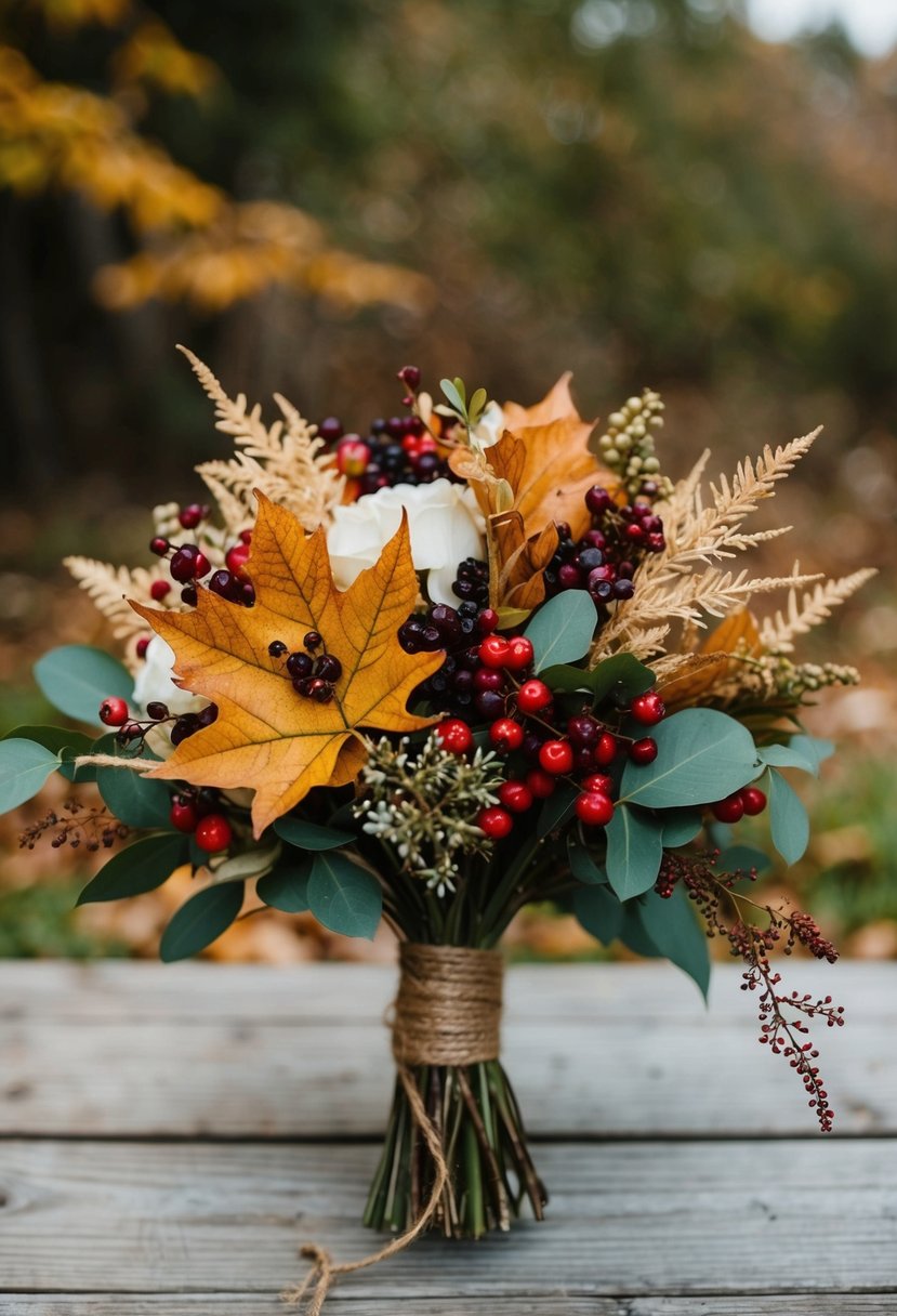 A rustic wedding bouquet with autumn leaves, berries, and twine