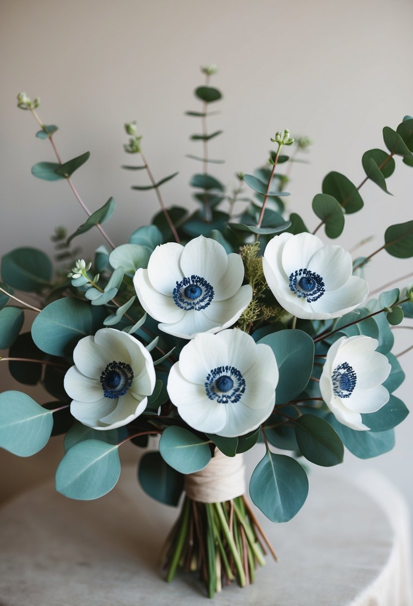 Anemones and eucalyptus arranged in a modern, minimalist wedding bouquet