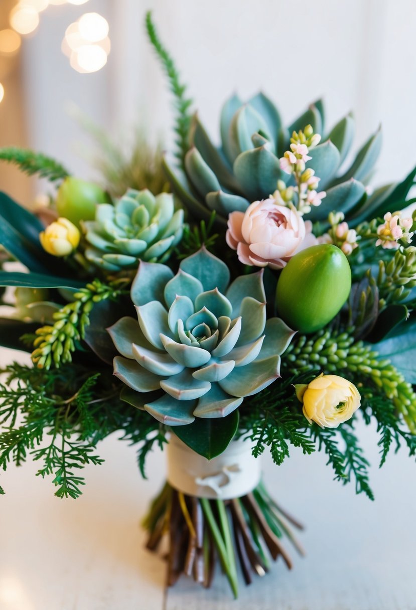 A modern succulent bouquet arranged with various shapes and textures, accented with delicate flowers and greenery