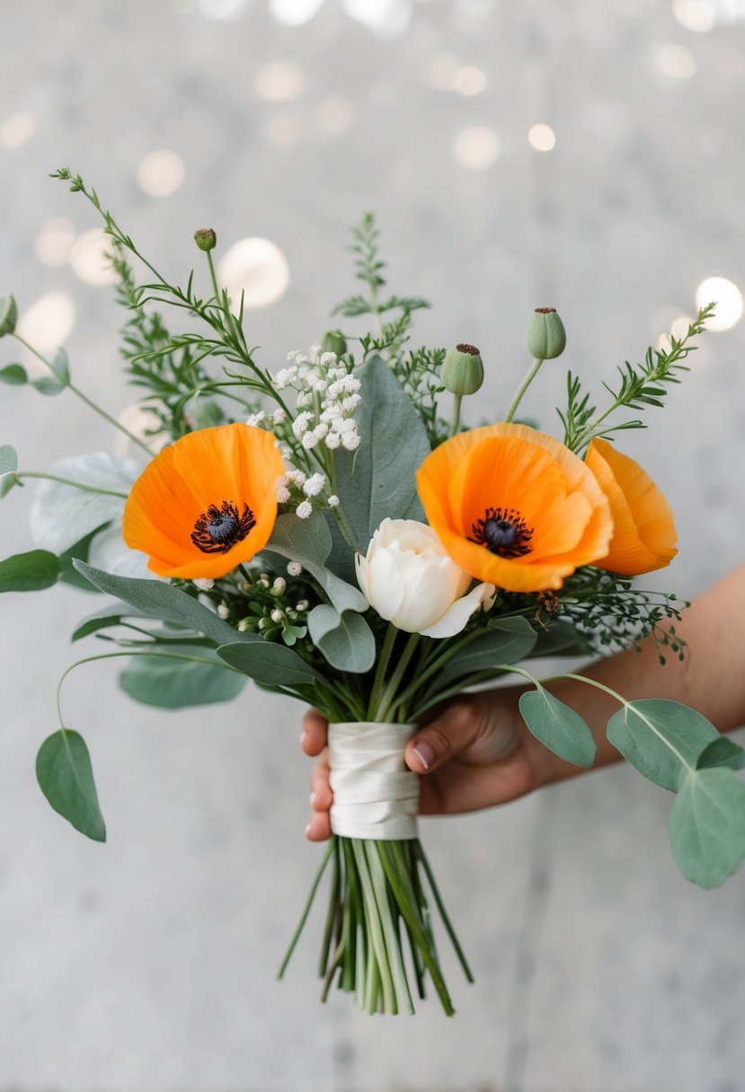 A simple, elegant wedding bouquet featuring poppies and sage, with delicate greenery and a touch of white blooms