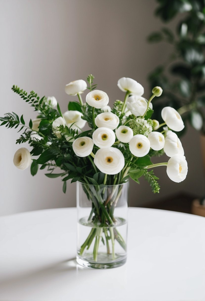 A simple, elegant bouquet of white ranunculus and greenery in a clear glass vase on a white table