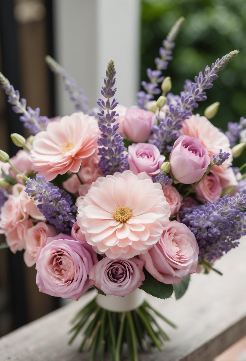 A delicate bouquet of blush pink and lavender flowers arranged in a harmonious composition