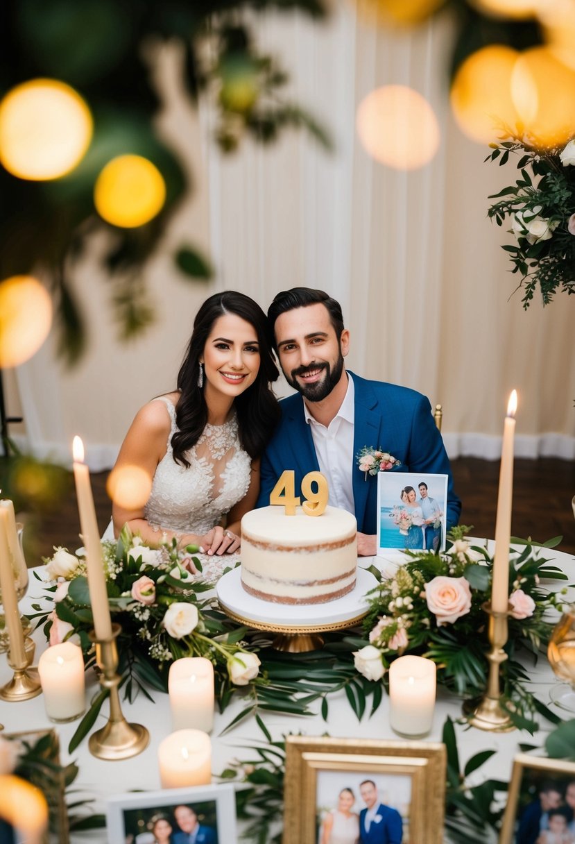 A couple sitting at a table adorned with flowers and candles, surrounded by family photos and a cake with "49" on top