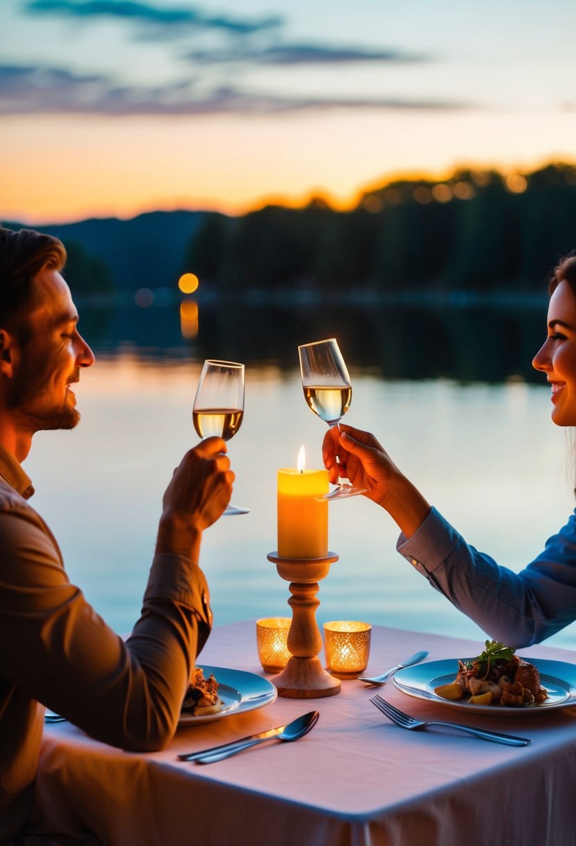 A couple enjoying a romantic dinner at a candlelit table with a view of the sunset over a serene lake