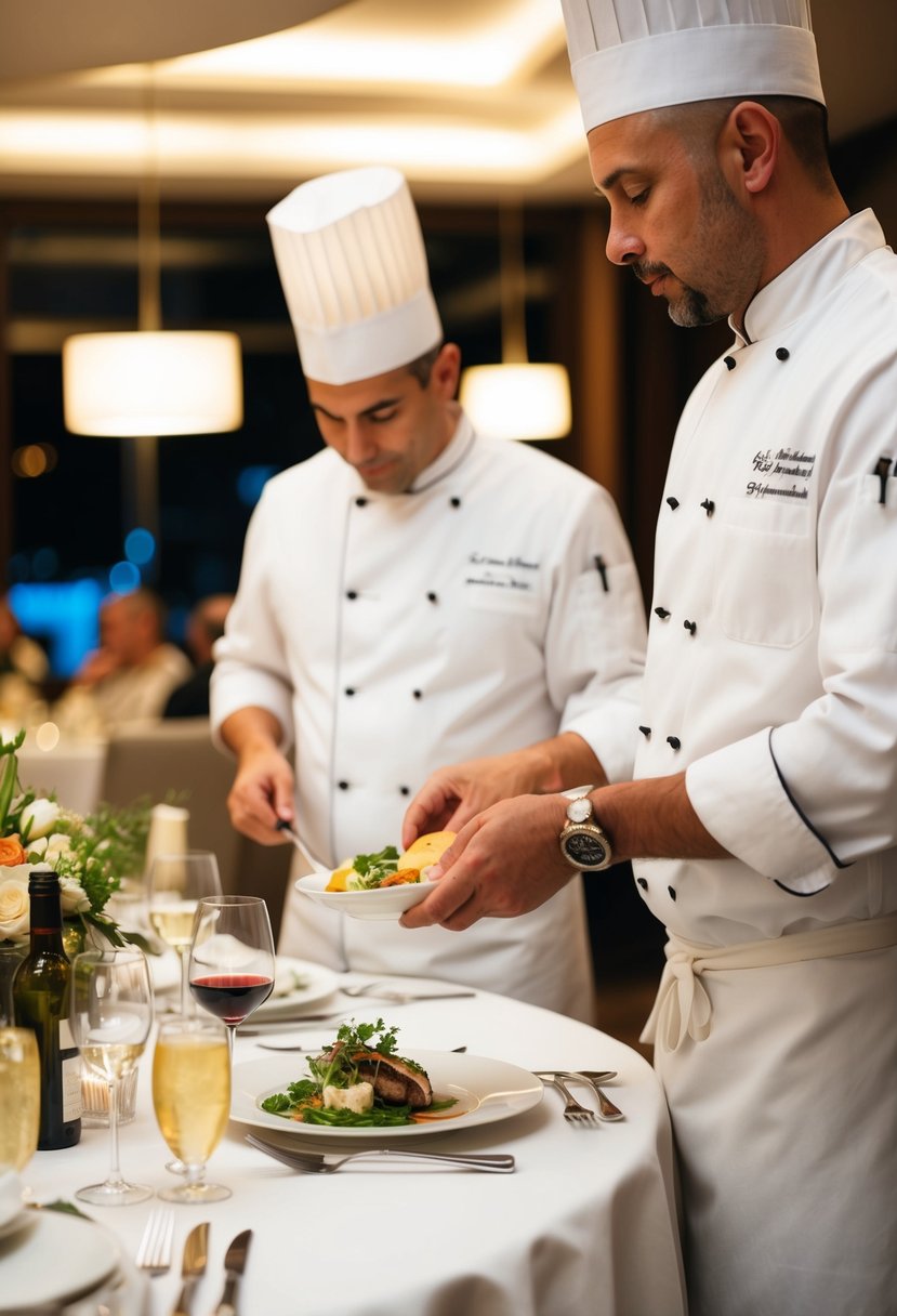 A private chef prepares an elegant dinner table for a 49th wedding anniversary celebration