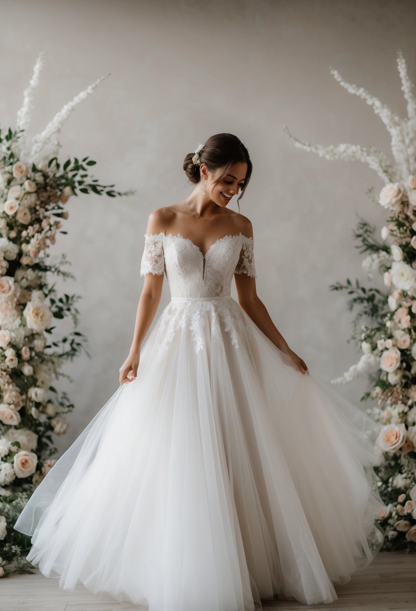 A bride twirls in a lace and tulle wedding dress with off-the-shoulder sleeves, surrounded by floral and lace details