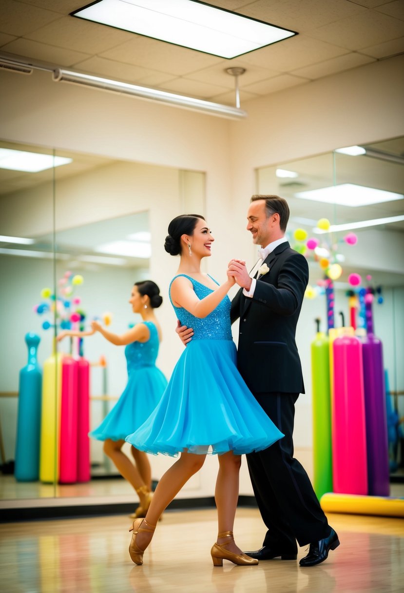 A couple gracefully waltzing in a brightly lit dance studio, surrounded by mirrors and colorful dance props