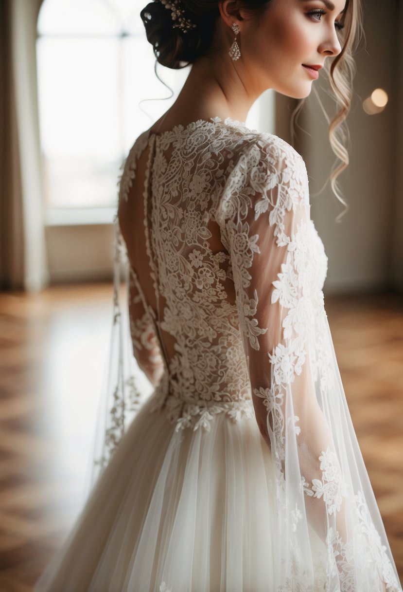 A flowing lace sleeve cascades down from the shoulder of a delicate, ethereal wedding dress, creating a dreamy and romantic silhouette