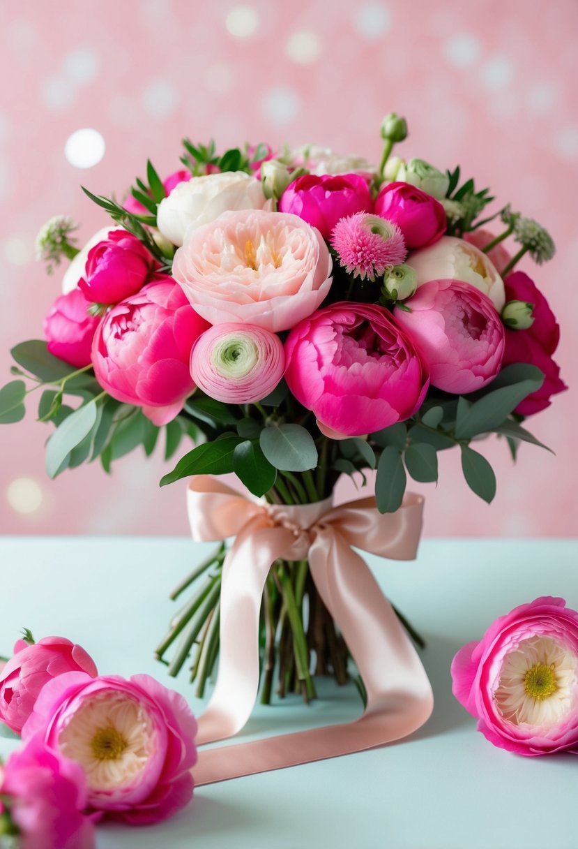 A vibrant pink wedding bouquet with roses, peonies, and ranunculus, tied with a satin ribbon, set against a soft, pastel background