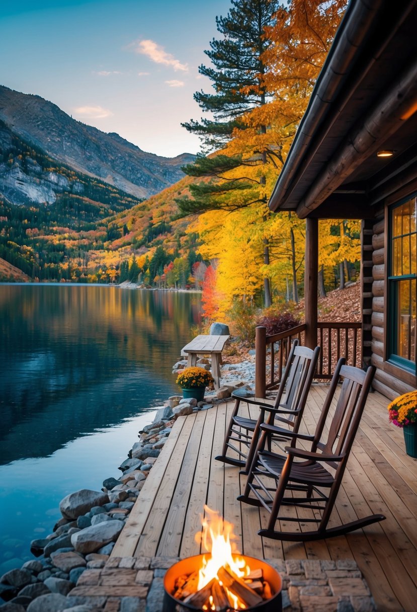 A cozy cabin nestled in the mountains, surrounded by colorful autumn foliage and a serene lake. A crackling fire and two rocking chairs on the porch invite relaxation and reflection