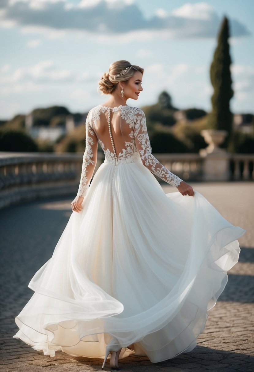 A bride twirls in a flowing, elegant wedding dress with intricate lace detailing on the sleeves