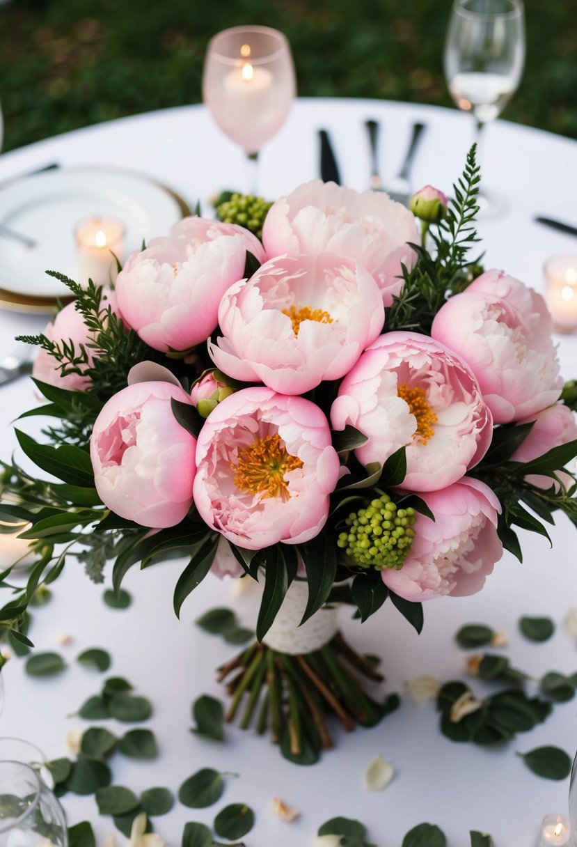 A table adorned with a lush pink peony wedding bouquet, surrounded by scattered petals and greenery