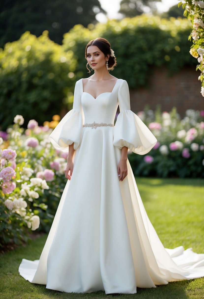 A bride with billowing Juliet sleeves stands in a garden, surrounded by blooming flowers and a flowing train