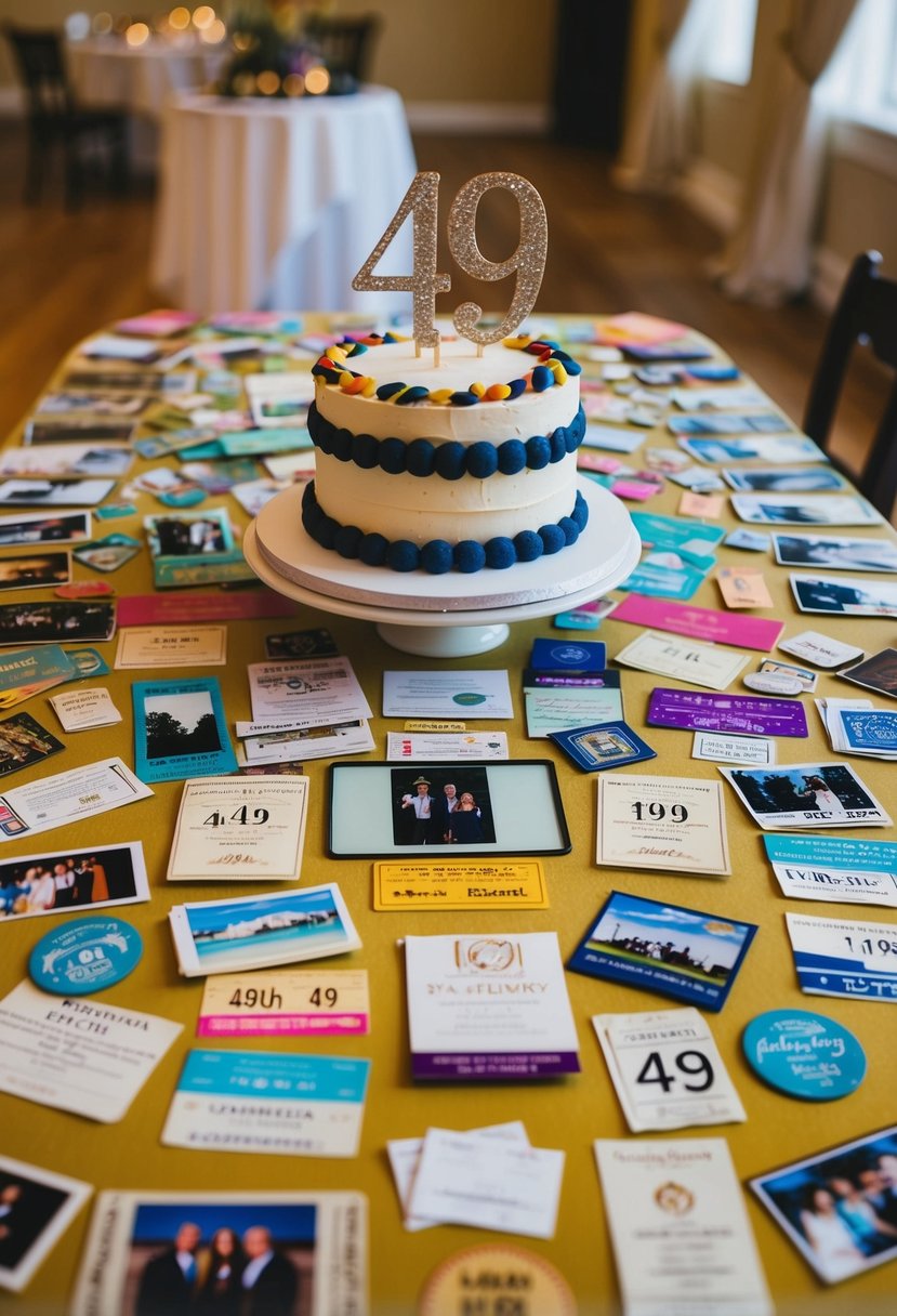 A table set with a colorful array of photos, tickets, and mementos from a 49th wedding anniversary. A cake with "49" topper sits in the center