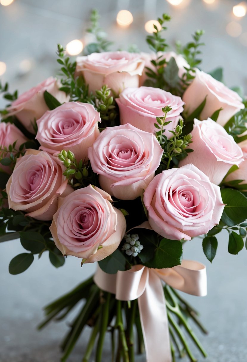 A delicate bouquet of Sweet Akito Roses in shades of pink, accented with greenery and tied with a satin ribbon