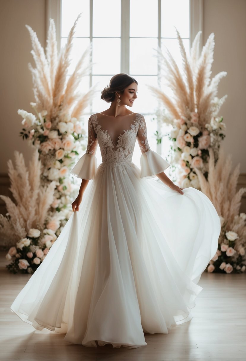 A bride twirls in a flowing wedding dress with elegant bell sleeves, surrounded by delicate floral arrangements and soft lighting