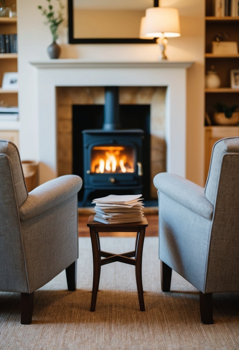 A cozy living room with two armchairs facing each other, a small table in between holding a stack of love letters, and a warm fireplace in the background