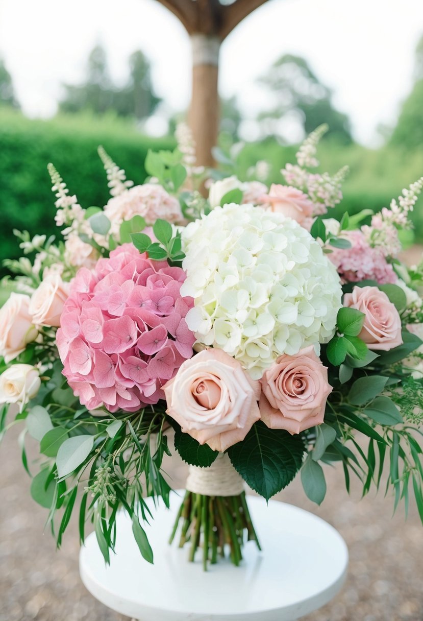 A lush bouquet of pink and white hydrangeas, accented with blush roses and greenery, arranged in a delicate, cascading style