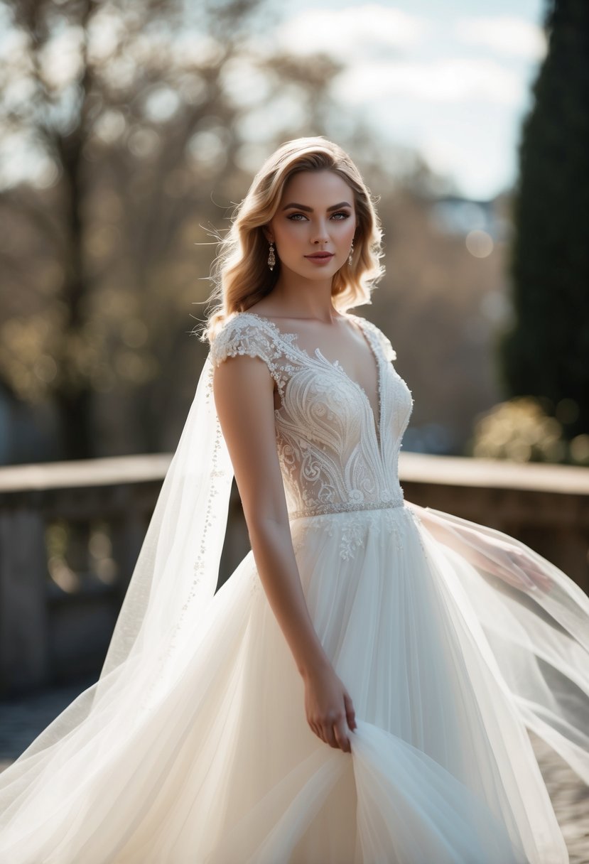 A flowing, ethereal wedding dress with delicate cap sleeves, adorned with intricate lace and subtle beading