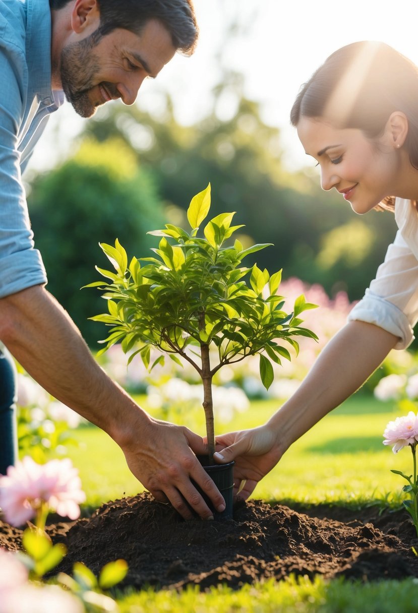 A couple's hands planting a tree together, surrounded by blooming flowers and a serene, sunlit garden