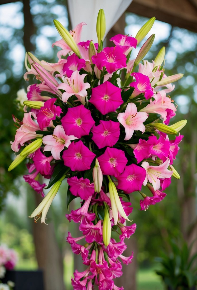 A vibrant mix of pink lisianthus and lilies arranged in a cascading wedding bouquet